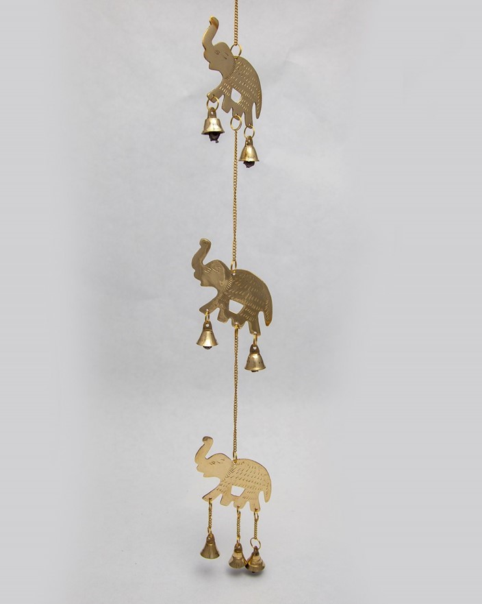 India Arts Triple Brass Elephant Windchime W/ Bells BS337