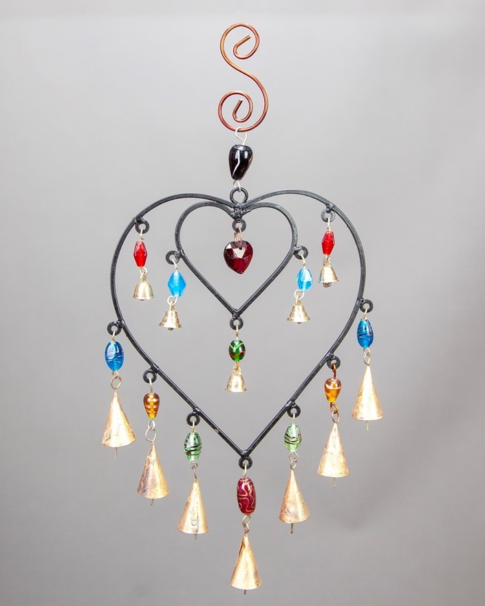 India Arts Iron Double Heart Chime W/ Glass Beads TS107
