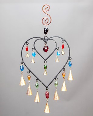 Iron Double Heart Chime With Glass Beads
