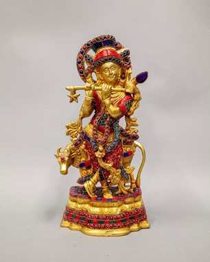 Standing Beaded Krishna W/ Cow