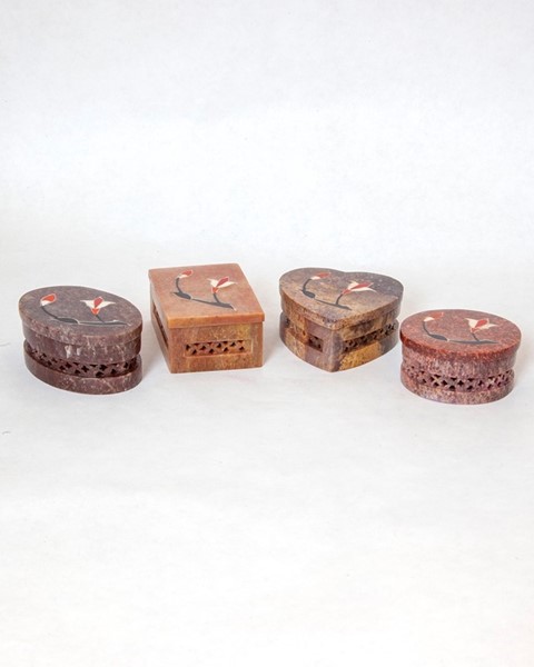 India Arts Soapstone Box Set W/ Perforations & Inlay JL783